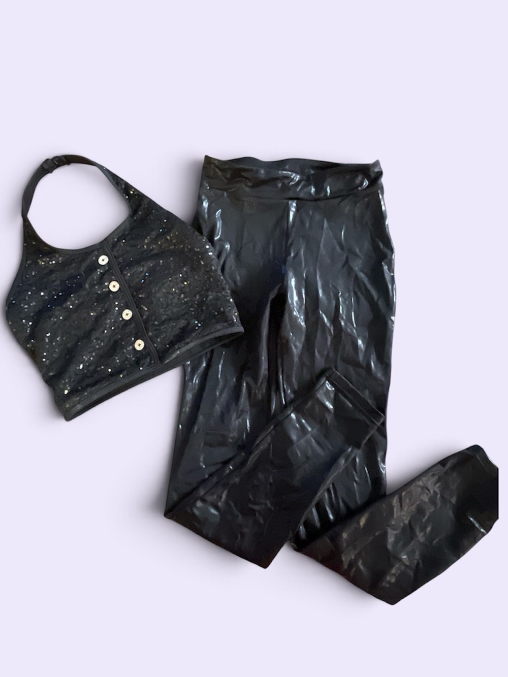 Weissman Shiny Faux Leather Leggings in Black with sequin crop top Halter